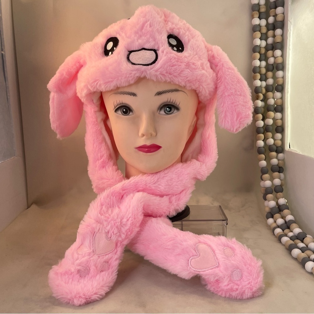 Funny Pink Bunny Plush Hat with Moving Ears one size